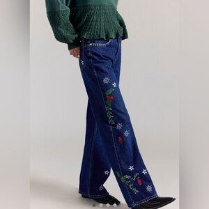 Free People Tricia Fix Mistletoe Embroidered Tinsley Jeans Floral Motif Print